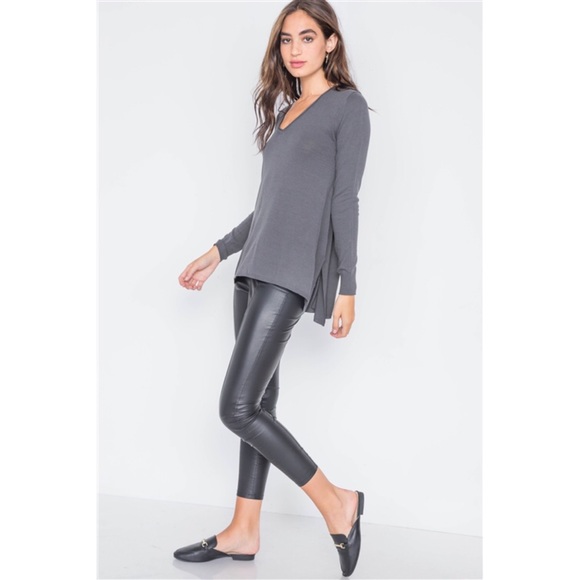 CHARCOAL KNIT V-NECK CASUAL SOLID LS SWEATER - Picture 4 of 5